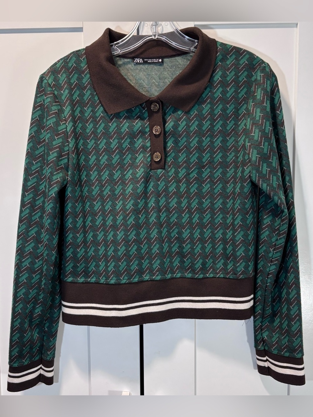 Zara Geometric Knit Polo Sweater M Striped Preppy Retro Green Brown